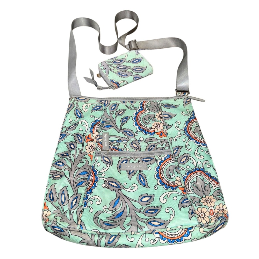Vera Bradley Hipster 2PC Adjustable Crossbody Bag Wallet Set Fan Flowers Pattern